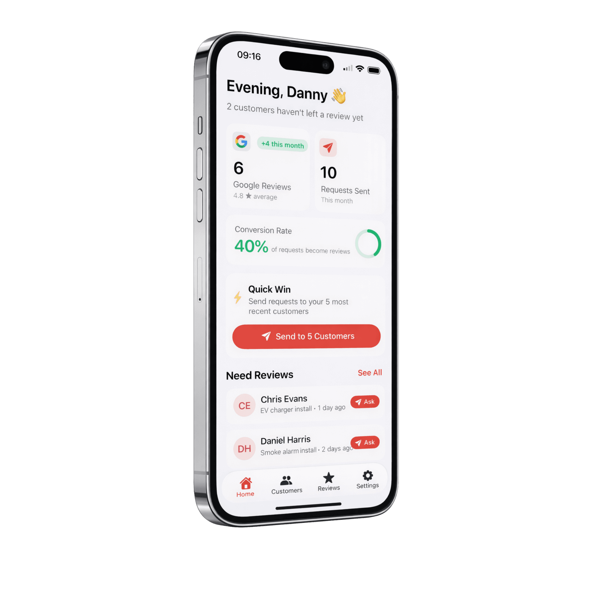 ReviewFlow app showing customer list